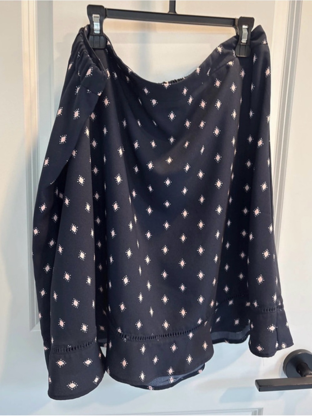 LOFT Navy Midi Skirt with Light Pink Diamond Print